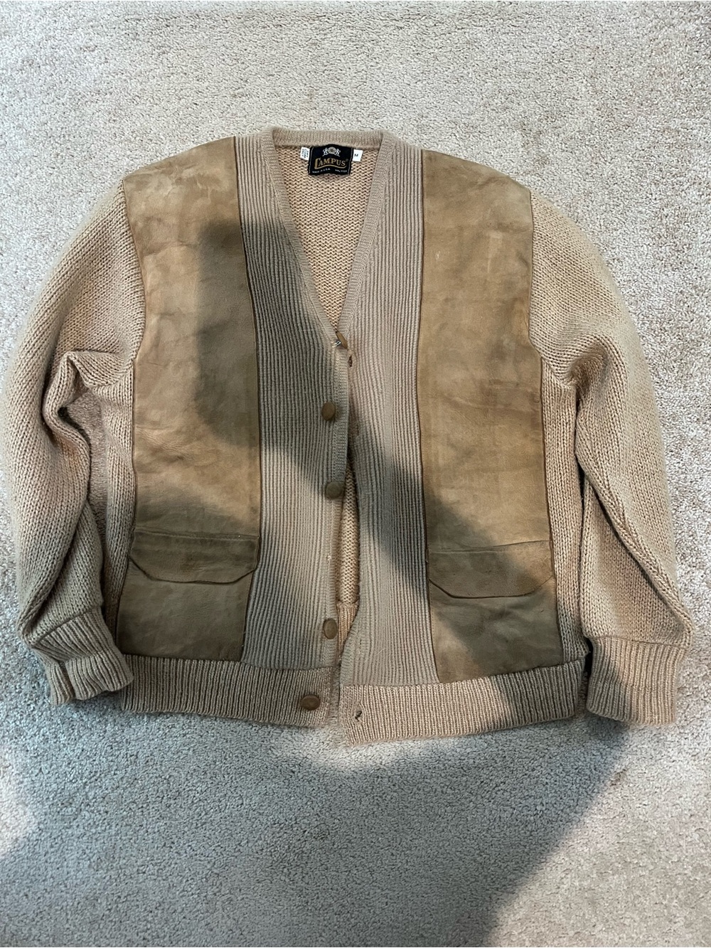 Vintage Campus Tan Suede Panel Knit Cardigan Sweater